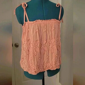 H&M 6 Pink Strappy Floral Applique Tank with Tie Straps